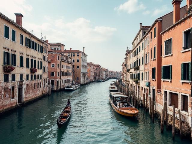 Canale a Venezia con gondole sotto un cielo nuvoloso