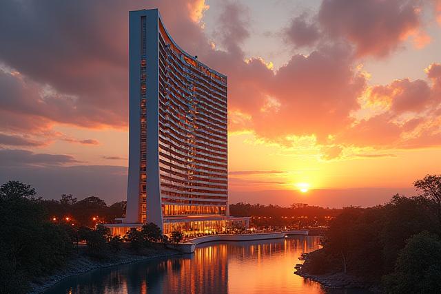 Architettura moderna di un hotel di lusso al tramonto